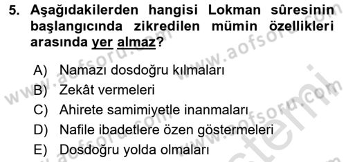Tefsir Dersi Ara Sınavı Deneme Sınav Soruları 5. Soru