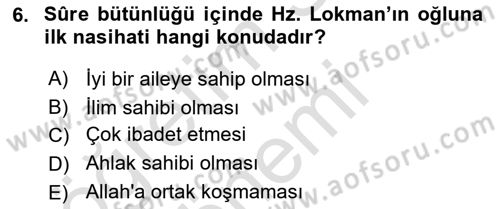 Tefsir Dersi Ara Sınavı Deneme Sınav Soruları 6. Soru