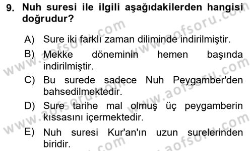 Tefsir Dersi Ara Sınavı Deneme Sınav Soruları 9. Soru