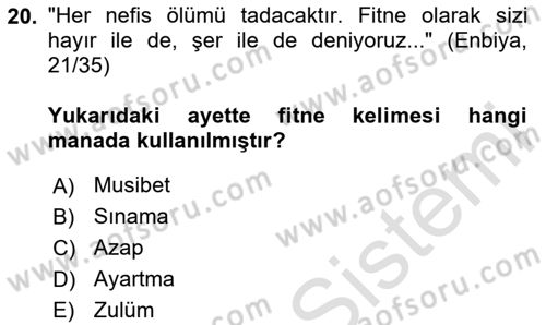 Tefsir Dersi 2024 - 2025 Yılı Yaz Okulu Sınav Soruları 20. Soru
