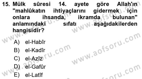 Tefsir Dersi 2025 - 2026 Yılı (Vize) Ara Sınav Soruları 15. Soru
