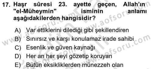Tefsir Dersi 2025 - 2026 Yılı (Vize) Ara Sınav Soruları 17. Soru