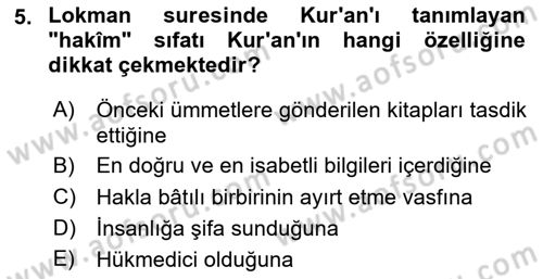 Tefsir Dersi 2025 - 2026 Yılı (Vize) Ara Sınav Soruları 5. Soru