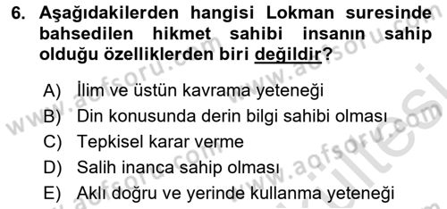 Tefsir Dersi 2025 - 2026 Yılı (Vize) Ara Sınav Soruları 6. Soru