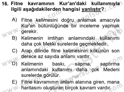 Tefsir Dersi 2025 - 2026 Yılı (Final) Dönem Sonu Sınav Soruları 16. Soru