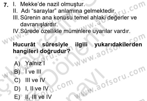 Tefsir Dersi 2025 - 2026 Yılı (Final) Dönem Sonu Sınav Soruları 7. Soru