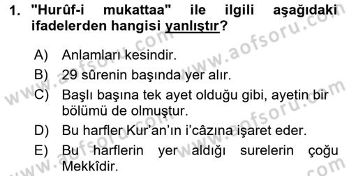 Tefsir Dersi 2025 - 2026 Yılı Yaz Okulu Sınav Soruları 1. Soru