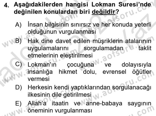 Tefsir Dersi 2025 - 2026 Yılı Yaz Okulu Sınav Soruları 4. Soru