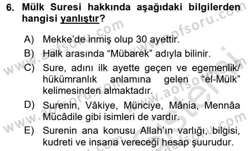 Tefsir Dersi 2025 - 2026 Yılı Yaz Okulu Sınav Soruları 6. Soru