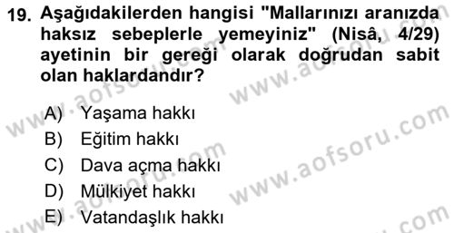 Günümüz Fıkıh Problemleri Dersi 2024 - 2025 Yılı (Final) Dönem Sonu Sınav Soruları 19. Soru