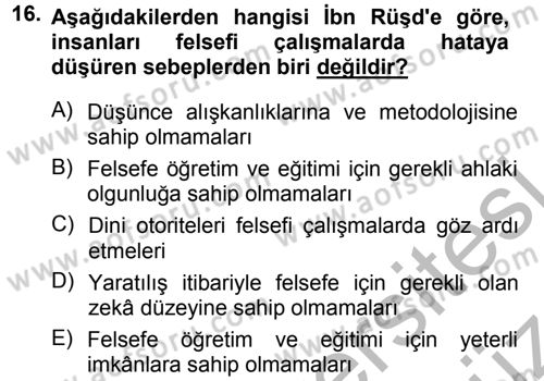 İslam Düşünce Tarihi Dersi 2012 - 2013 Yılı (Vize) Ara Sınav Soruları 16. Soru