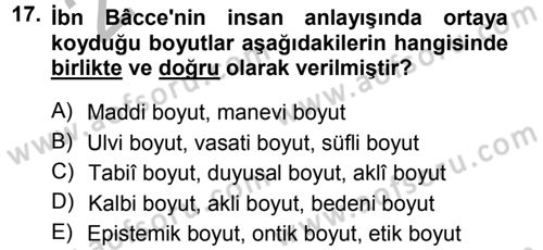 İslam Düşünce Tarihi Dersi 2012 - 2013 Yılı (Vize) Ara Sınav Soruları 17. Soru