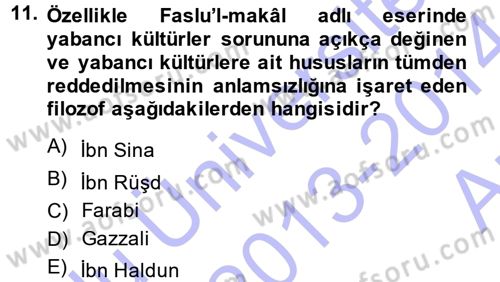 İslam Düşünce Tarihi Dersi Ara Sınavı Deneme Sınav Soruları 11. Soru