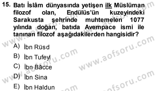İslam Düşünce Tarihi Dersi Ara Sınavı Deneme Sınav Soruları 15. Soru