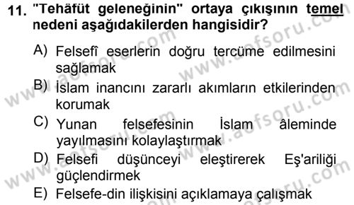 İslam Düşünce Tarihi Dersi 2013 - 2014 Yılı (Final) Dönem Sonu Sınav Soruları 11. Soru