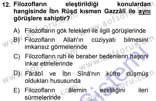 İslam Düşünce Tarihi Dersi 2013 - 2014 Yılı (Final) Dönem Sonu Sınav Soruları 12. Soru