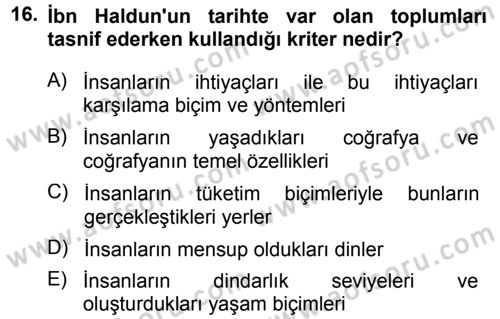 İslam Düşünce Tarihi Dersi 2013 - 2014 Yılı (Final) Dönem Sonu Sınav Soruları 16. Soru
