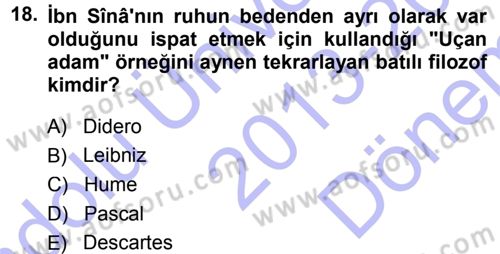 İslam Düşünce Tarihi Dersi 2013 - 2014 Yılı (Final) Dönem Sonu Sınav Soruları 18. Soru