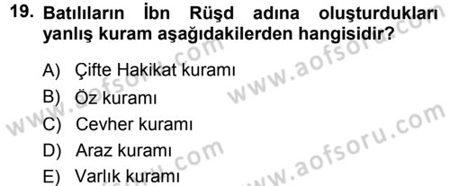 İslam Düşünce Tarihi Dersi 2013 - 2014 Yılı (Final) Dönem Sonu Sınav Soruları 19. Soru