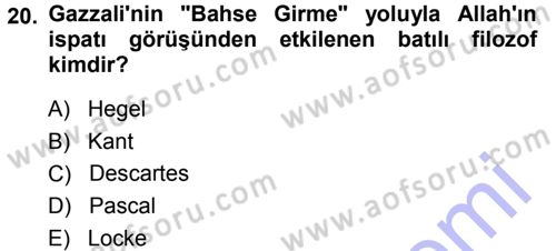 İslam Düşünce Tarihi Dersi 2013 - 2014 Yılı (Final) Dönem Sonu Sınav Soruları 20. Soru