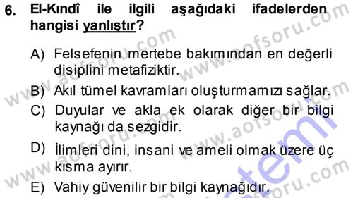 İslam Düşünce Tarihi Dersi 2013 - 2014 Yılı (Final) Dönem Sonu Sınav Soruları 6. Soru