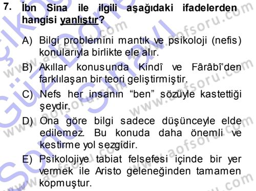 İslam Düşünce Tarihi Dersi 2013 - 2014 Yılı (Final) Dönem Sonu Sınav Soruları 7. Soru