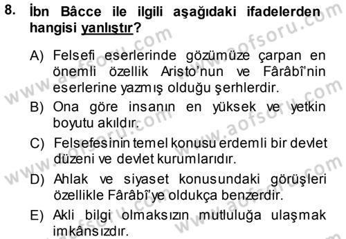 İslam Düşünce Tarihi Dersi 2013 - 2014 Yılı (Final) Dönem Sonu Sınav Soruları 8. Soru