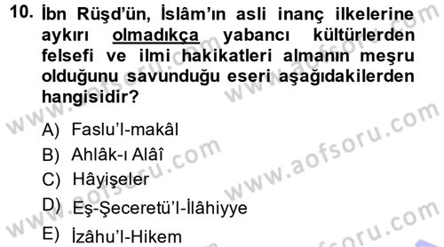 İslam Düşünce Tarihi Dersi 2014 - 2015 Yılı (Vize) Ara Sınav Soruları 10. Soru