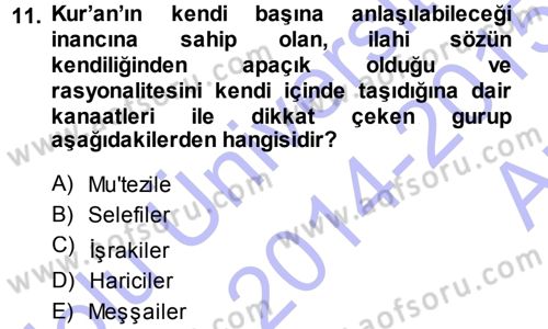 İslam Düşünce Tarihi Dersi 2014 - 2015 Yılı (Vize) Ara Sınav Soruları 11. Soru