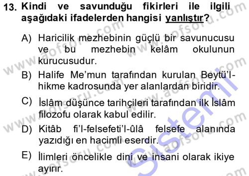 İslam Düşünce Tarihi Dersi 2014 - 2015 Yılı (Vize) Ara Sınav Soruları 13. Soru