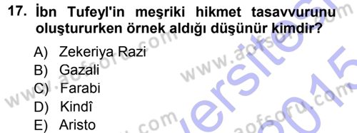 İslam Düşünce Tarihi Dersi 2014 - 2015 Yılı (Vize) Ara Sınav Soruları 17. Soru