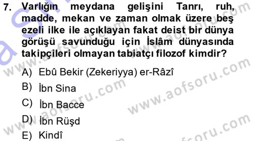 İslam Düşünce Tarihi Dersi 2014 - 2015 Yılı (Vize) Ara Sınav Soruları 7. Soru