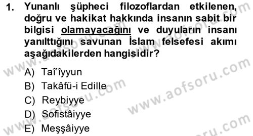 İslam Düşünce Tarihi Dersi 2014 - 2015 Yılı (Final) Dönem Sonu Sınav Soruları 1. Soru