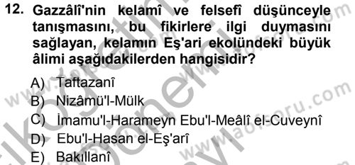 İslam Düşünce Tarihi Dersi 2014 - 2015 Yılı (Final) Dönem Sonu Sınav Soruları 12. Soru