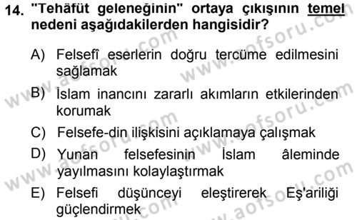 İslam Düşünce Tarihi Dersi 2014 - 2015 Yılı (Final) Dönem Sonu Sınav Soruları 14. Soru