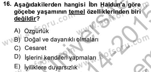 İslam Düşünce Tarihi Dersi 2014 - 2015 Yılı (Final) Dönem Sonu Sınav Soruları 16. Soru