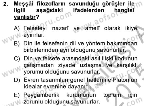 İslam Düşünce Tarihi Dersi 2014 - 2015 Yılı (Final) Dönem Sonu Sınav Soruları 2. Soru