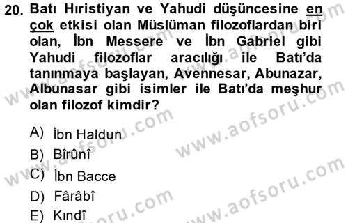 İslam Düşünce Tarihi Dersi 2014 - 2015 Yılı (Final) Dönem Sonu Sınav Soruları 20. Soru