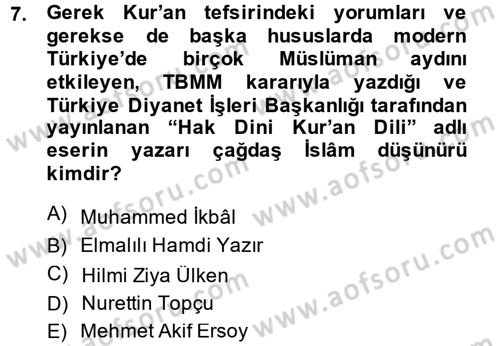 İslam Düşünce Tarihi Dersi 2014 - 2015 Yılı (Final) Dönem Sonu Sınav Soruları 7. Soru