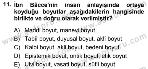İslam Düşünce Tarihi Dersi 2014 - 2015 Yılı Tek Ders Sınav Soruları 11. Soru