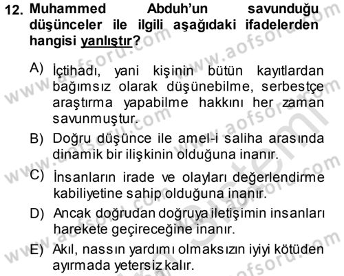 İslam Düşünce Tarihi Dersi 2014 - 2015 Yılı Tek Ders Sınav Soruları 12. Soru