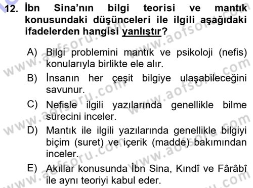 İslam Düşünce Tarihi Dersi Ara Sınavı Deneme Sınav Soruları 12. Soru