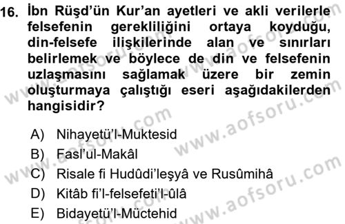 İslam Düşünce Tarihi Dersi 2015 - 2016 Yılı (Vize) Ara Sınav Soruları 16. Soru