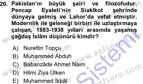 İslam Düşünce Tarihi Dersi Ara Sınavı Deneme Sınav Soruları 20. Soru