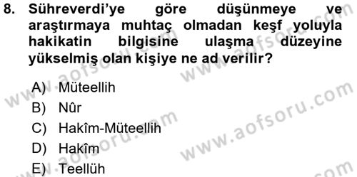 İslam Düşünce Tarihi Dersi 2015 - 2016 Yılı (Vize) Ara Sınav Soruları 8. Soru