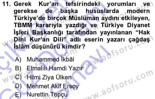 İslam Düşünce Tarihi Dersi 2015 - 2016 Yılı (Final) Dönem Sonu Sınav Soruları 11. Soru