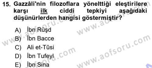 İslam Düşünce Tarihi Dersi 2015 - 2016 Yılı (Final) Dönem Sonu Sınav Soruları 15. Soru