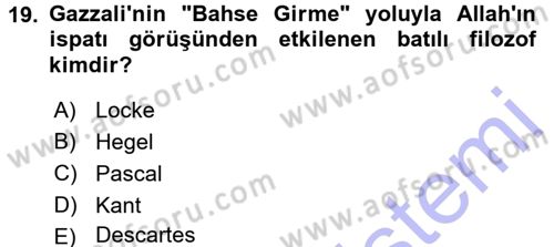 İslam Düşünce Tarihi Dersi 2015 - 2016 Yılı (Final) Dönem Sonu Sınav Soruları 19. Soru