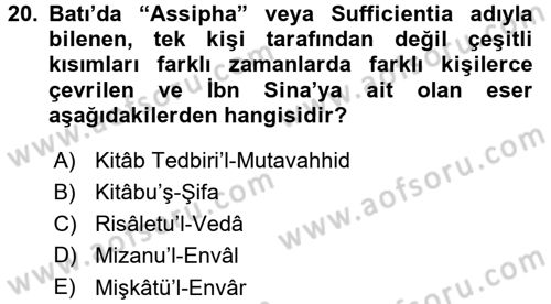 İslam Düşünce Tarihi Dersi 2015 - 2016 Yılı (Final) Dönem Sonu Sınav Soruları 20. Soru