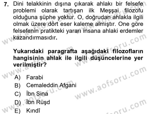 İslam Düşünce Tarihi Dersi 2015 - 2016 Yılı (Final) Dönem Sonu Sınav Soruları 7. Soru